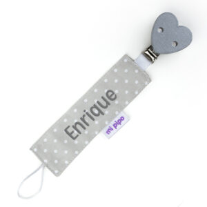 Chupetero Textil Personalizado Topitos Corazón Gris