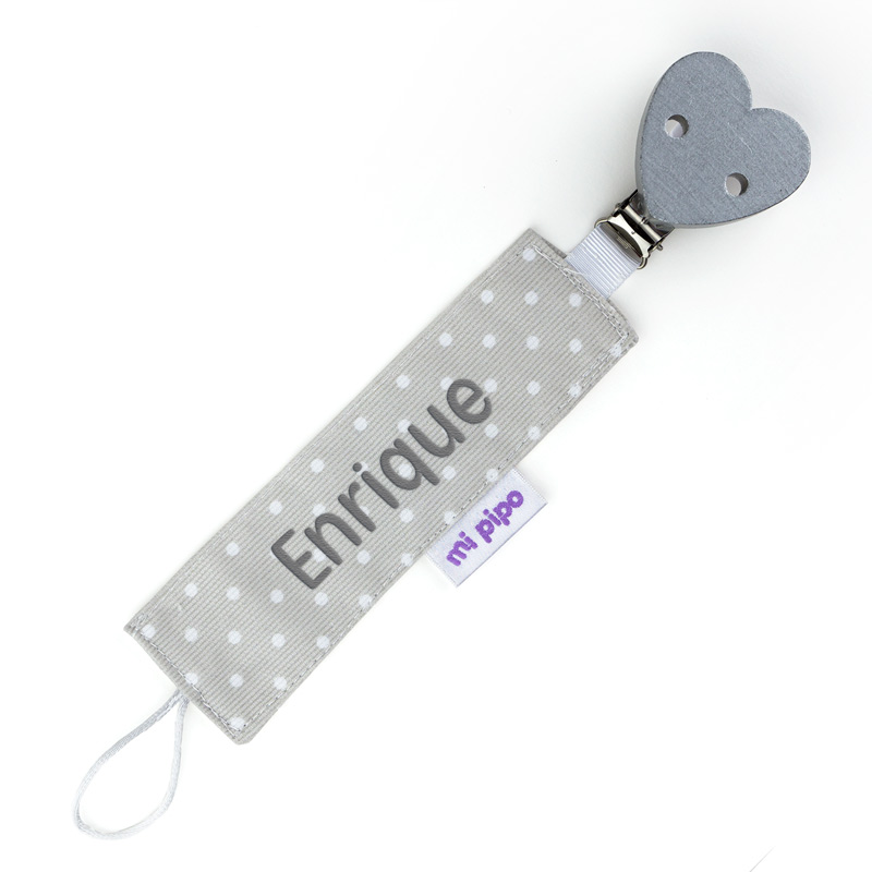 Chupetero Textil Personalizado Topitos Corazón Gris