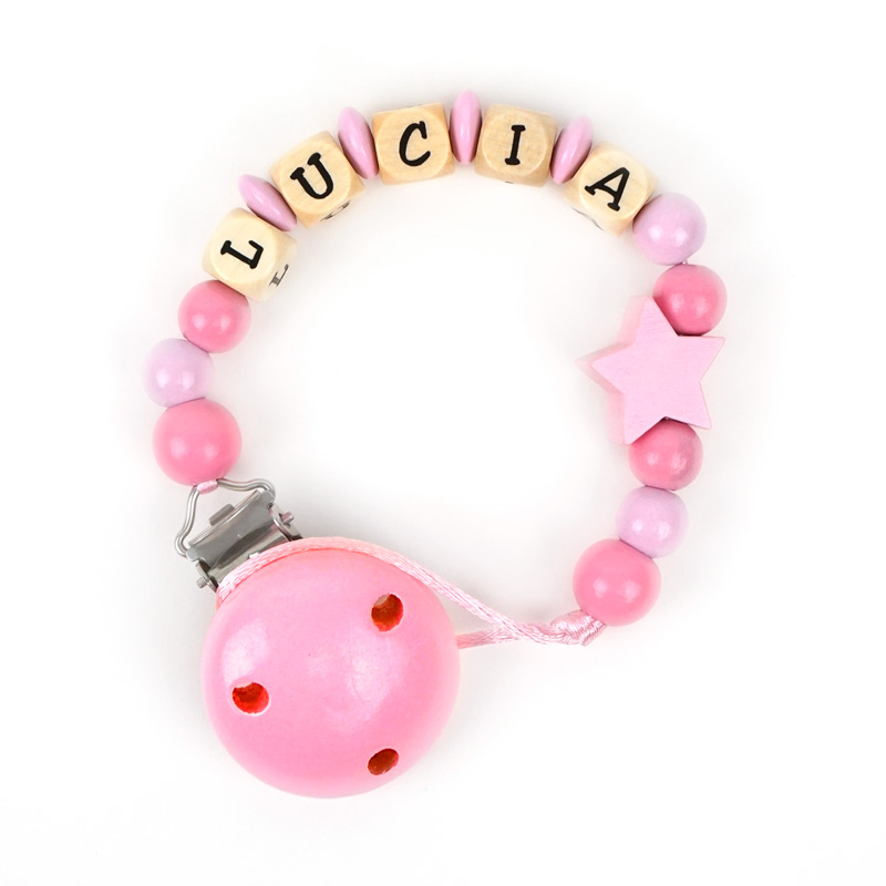 Chupetero de Madera Personalizado Rosa con Estrella 1 Chupetero de Madera Personalizado Rosa con Estrella