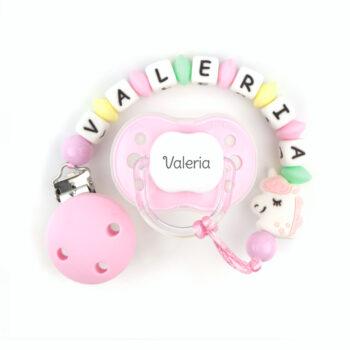 Cajita Chupete Rosa + Chupetero de silicona Unicornio Personalizada