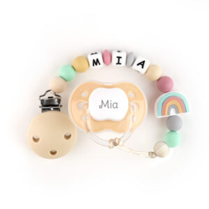 Cajita Chupete Beige + Chupetero de silicona Arcoíris Personalizada