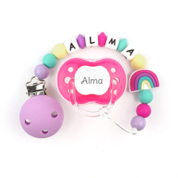 Cajita Chupete Fucsia + Chupetero de silicona Arcoíris Personalizada