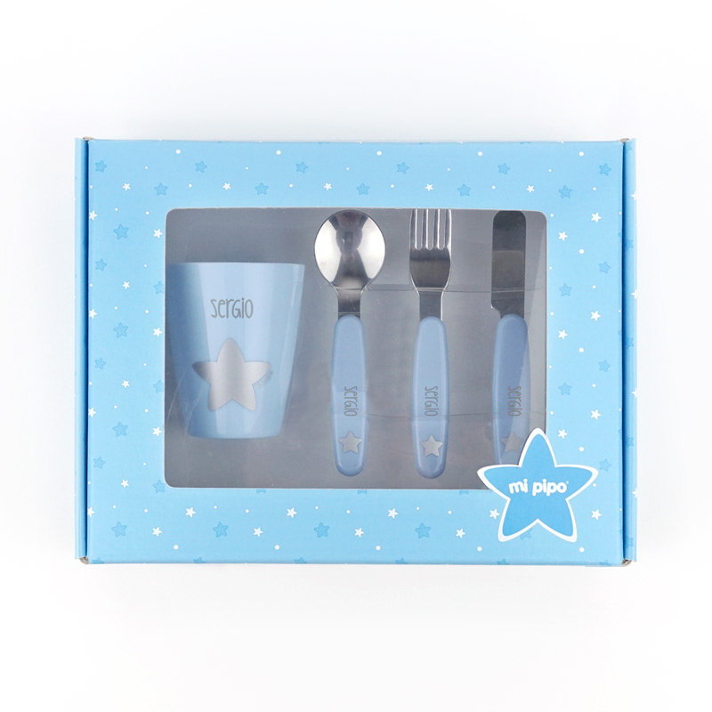 Cajita Vasito + Cubiertos Personalizada Azul 1 Cajita Vasito + Cubiertos Personalizada Azul