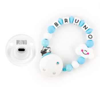 Cajita Chupete Gummy Blanco + Chupetero de Silicona Nube Azul Personalizada
