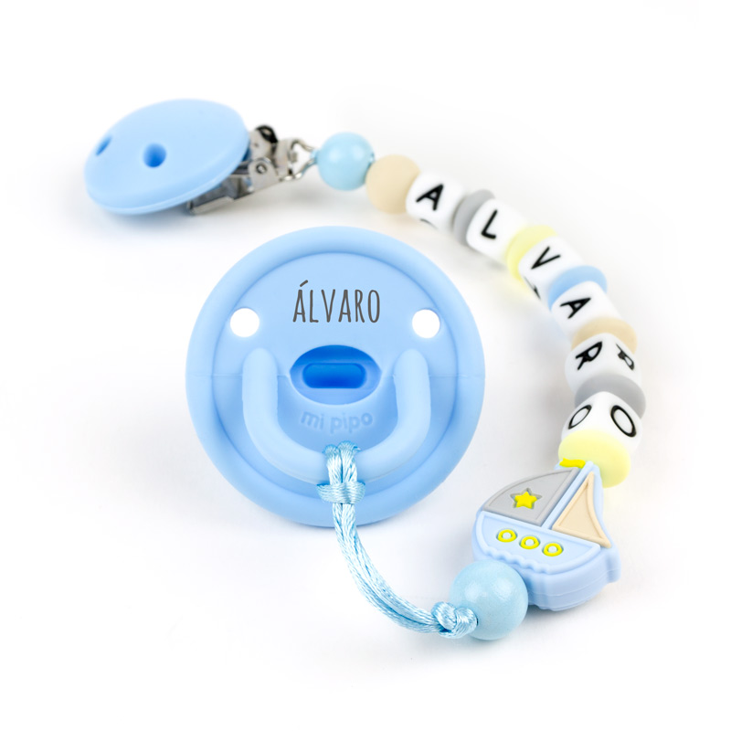 Cajita Chupete Gummy Celeste + Chupetero de Silicona Barco Personalizada