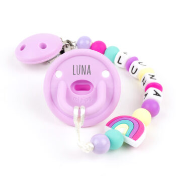 Cajita Chupete Gummy Lila + Chupetero de Silicona Arcoíris Personalizada