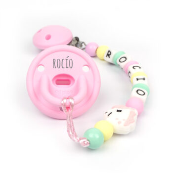 Cajita Chupete Gummy Rosa + Chupetero de Silicona Unicornio Personalizada