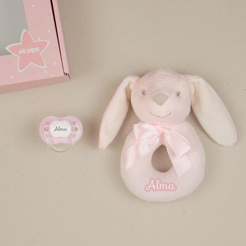 Cajita Sonajero Personalizada Conejito Rosa 2 Cajita Sonajero Personalizada Conejito Rosa - Imagen 2