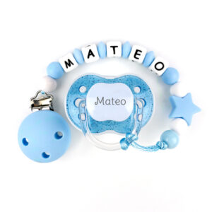 Cajita Chupete Purpurina Azul + Chupetero de silicona Estrella Personalizada