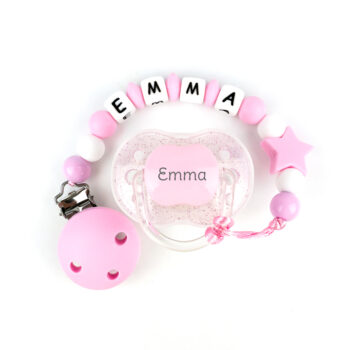Cajita Chupete Purpurina Rosa + Chupetero de silicona Estrella Personalizada