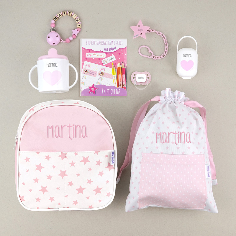 Pack El Primero de Clase Personalizado Rosa + Regalo Chupetero de Madera 1 Pack El Primero de Clase Personalizado Rosa + Regalo Chupetero de Madera