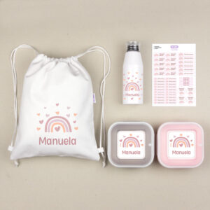 Pack Mi Equipo para el Cole con Petate Personalizado Arcoíris Blush + Regalo Etiquetas objetos