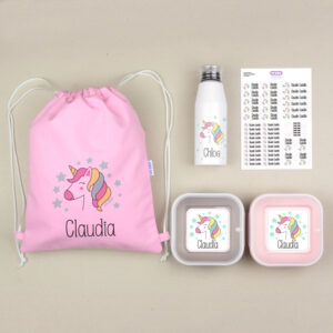 Pack Mi Equipo para el Cole con Petate Personalizado Unicornio + Regalo Etiquetas objetos