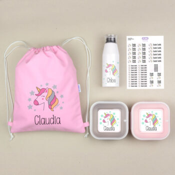 Pack Mi Equipo para el Cole con Petate Personalizado Unicornio + Regalo Etiquetas objetos