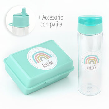 Pack Botella + Cajita Porta Alimentos + Acc. pajita Personalizado Arcoíris Soft