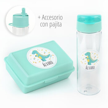 Pack Botella + Cajita Porta Alimentos + Acc. pajita Personalizado Dinosaurio