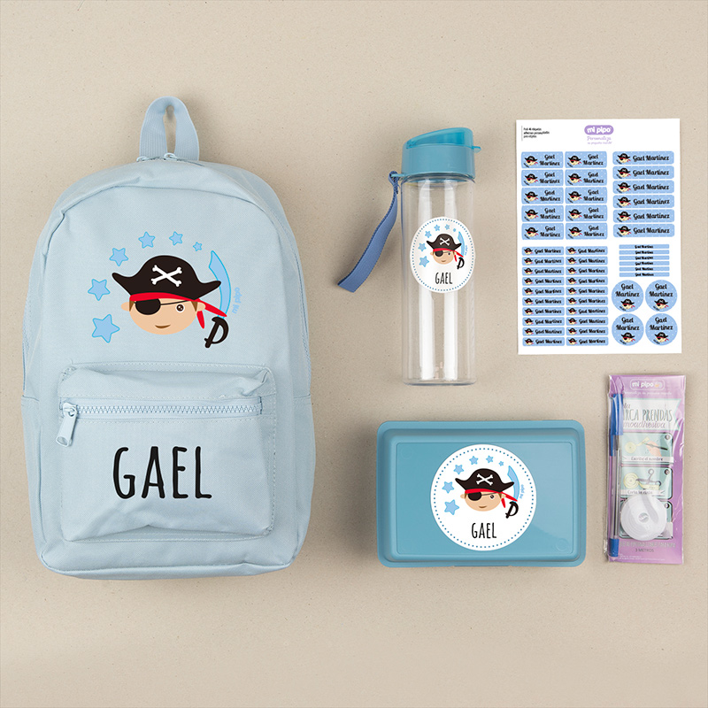 Pack Mi Equipo para el Cole con Mochila Personalizado Pirata + Regalo Cinta marcaprendas 1 Pack Mi Equipo para el Cole con Mochila Personalizado Pirata + Regalo Cinta marcaprendas