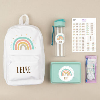 Pack Mi Equipo para el Cole con Mochila Personalizado Arcoíris Soft + Regalo Cinta marcaprendas