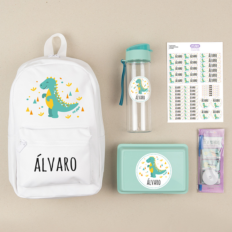 Pack Mi Equipo para el Cole con Mochila Personalizado Dinosaurio + Regalo Cinta marcaprendas 1 Pack Mi Equipo para el Cole con Mochila Personalizado Dinosaurio + Regalo Cinta marcaprendas