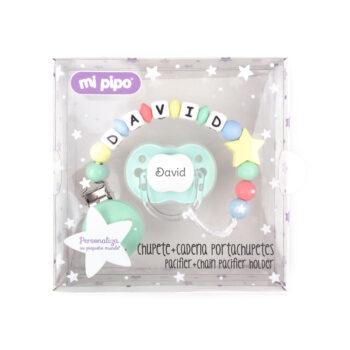 Cajita Chupete Menta + Chupetero de silicona Estrella Multicolor Personalizada