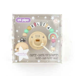 Cajita Chupete Gummy Beige + Chupetero de Silicona Arcoíris Personalizada