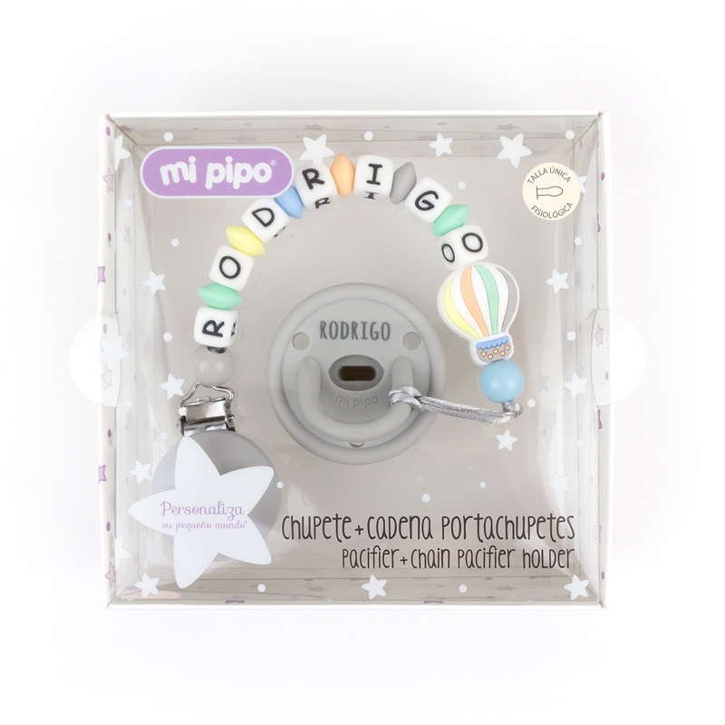Cajita Chupete Gummy Gris + Chupetero de Silicona Globo Personalizada - Imagen 2