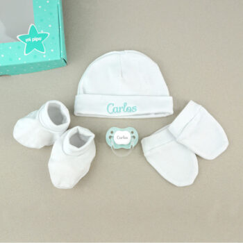 Cajita Set Recién Nacido Personalizada Blanco y Menta