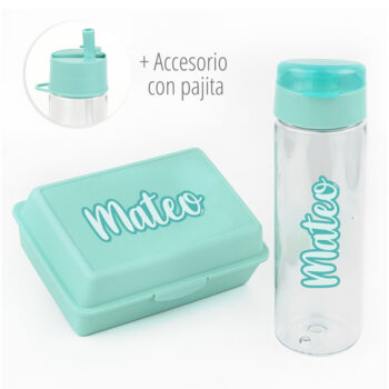 Pack Botella + Cajita Porta Alimentos + Acc. pajita Personalizado Caligrafía, elige color