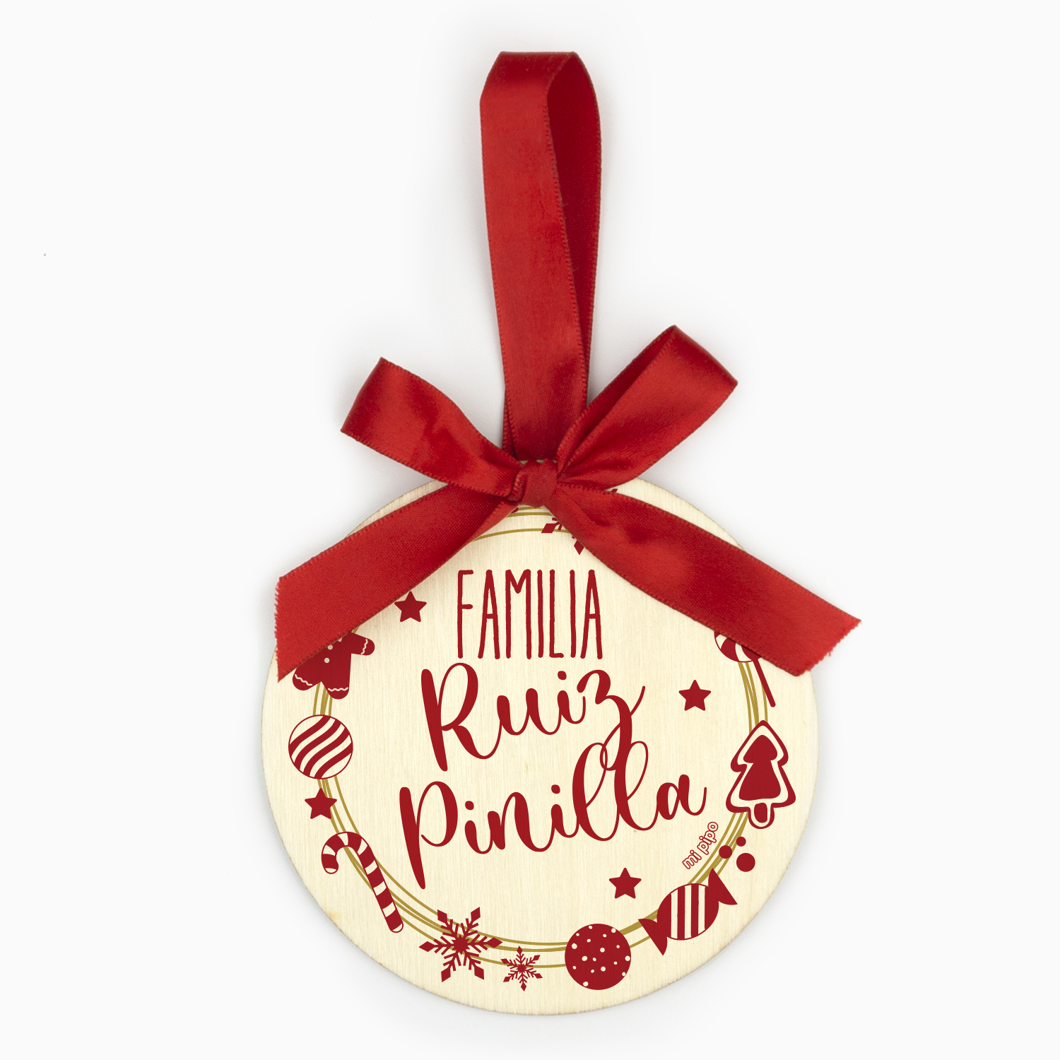 Bola Navidad Madera, Corona Navideña Familia personalizada 1 Bola Navidad Madera, Corona Navideña Familia personalizada