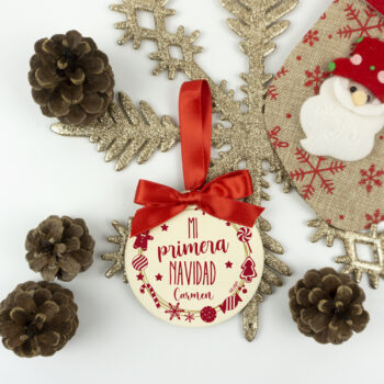 Bola Navidad Madera, Corona Navideña Mi Primera Navidad personalizada