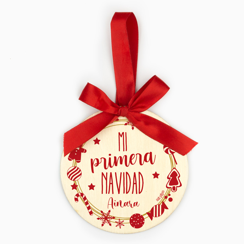Bola Navidad Madera, Corona Navideña Mi Primera Navidad personalizada - Imagen 2