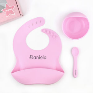 Vajilla con babero, bol y cuchara de silicona Personalizada Rosa, dibujo a elegir