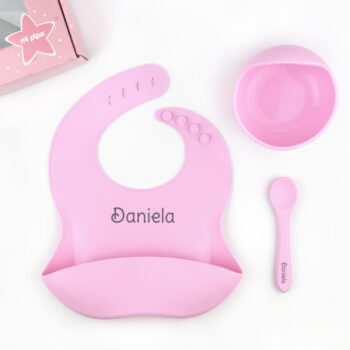 Vajilla con babero, bol y cuchara de silicona Personalizada Rosa, dibujo a elegir