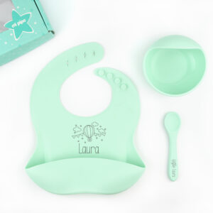 Vajilla con babero, bol y cuchara de silicona Personalizada Menta, dibujo a elegir
