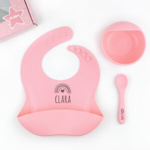 Vajilla con babero, bol y cuchara de silicona Personalizada Rosa Candy, dibujo a elegir