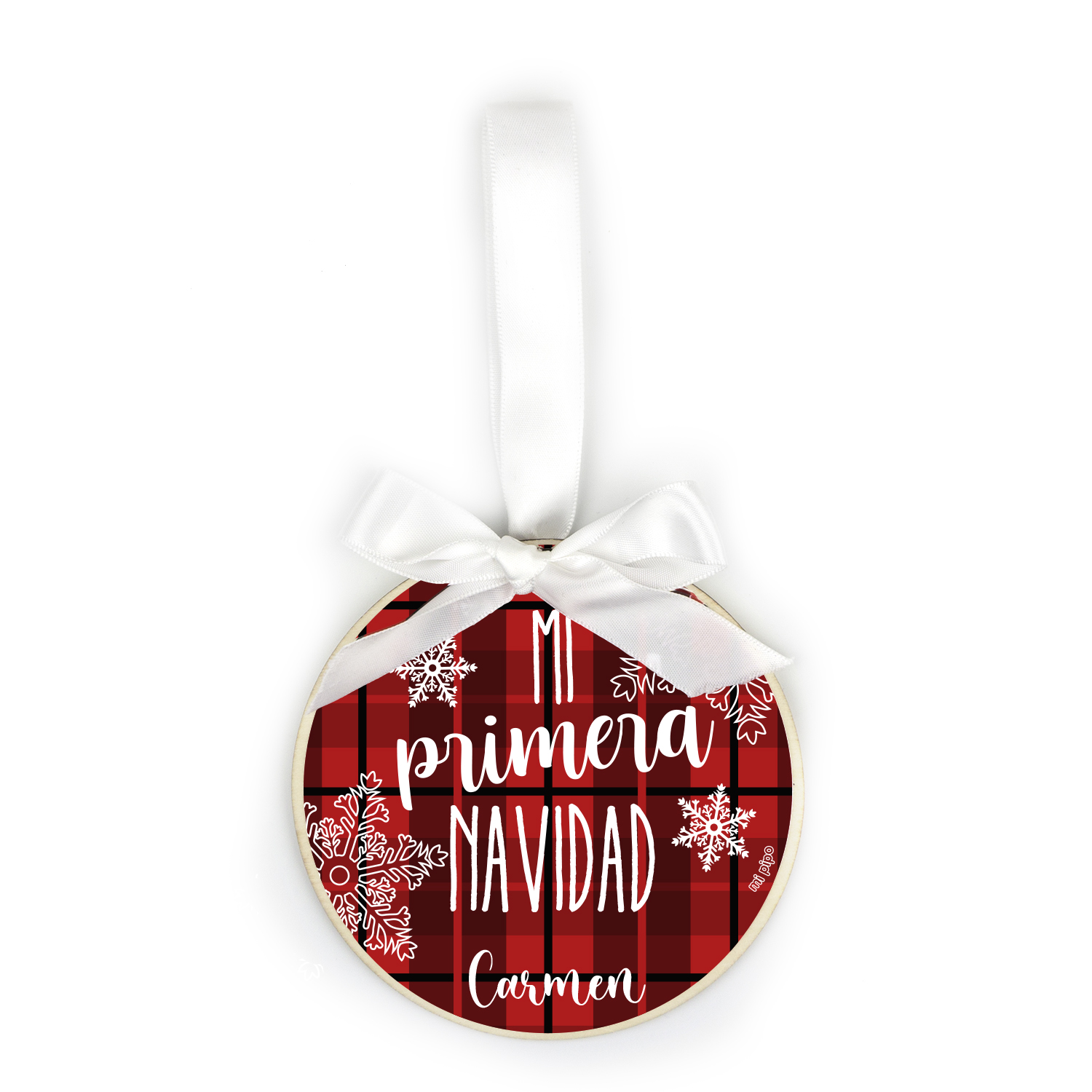 Bola Navidad Madera, Mi Primera Navidad Cuadros Rojos personalizada 1 Bola Navidad Madera, Mi Primera Navidad Cuadros Rojos personalizada
