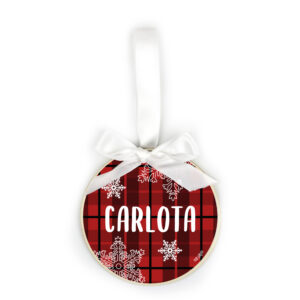 Bola Navidad Madera, Cuadros Rojos personalizada