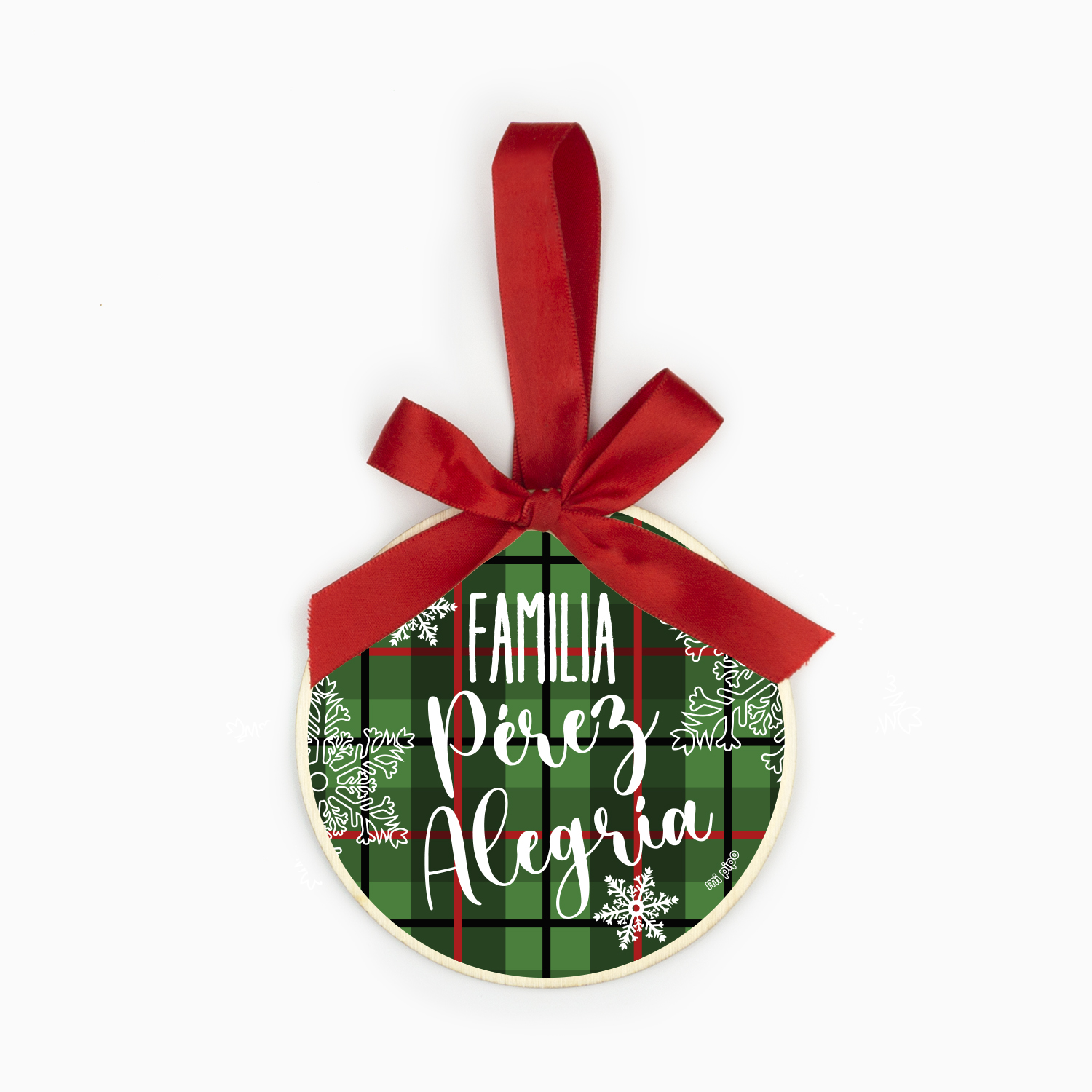 Bola Navidad de Madera, Cuadros Verdes Familia personalizada 1 Bola Navidad de Madera, Cuadros Verdes Familia personalizada