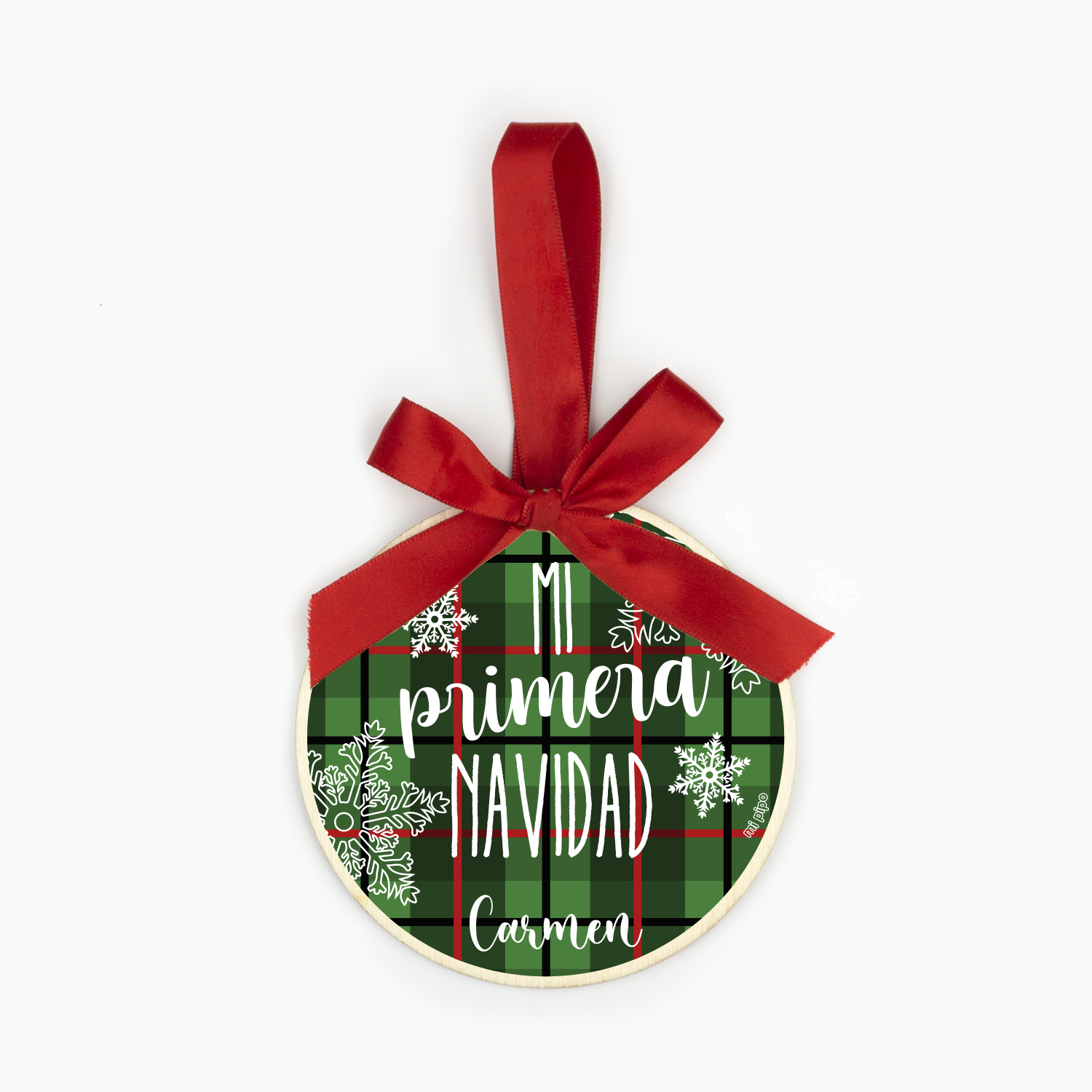 Bola Navidad Madera, Mi Primera Navidad Cuadros Verdes personalizada 1 Bola Navidad Madera, Mi Primera Navidad Cuadros Verdes personalizada