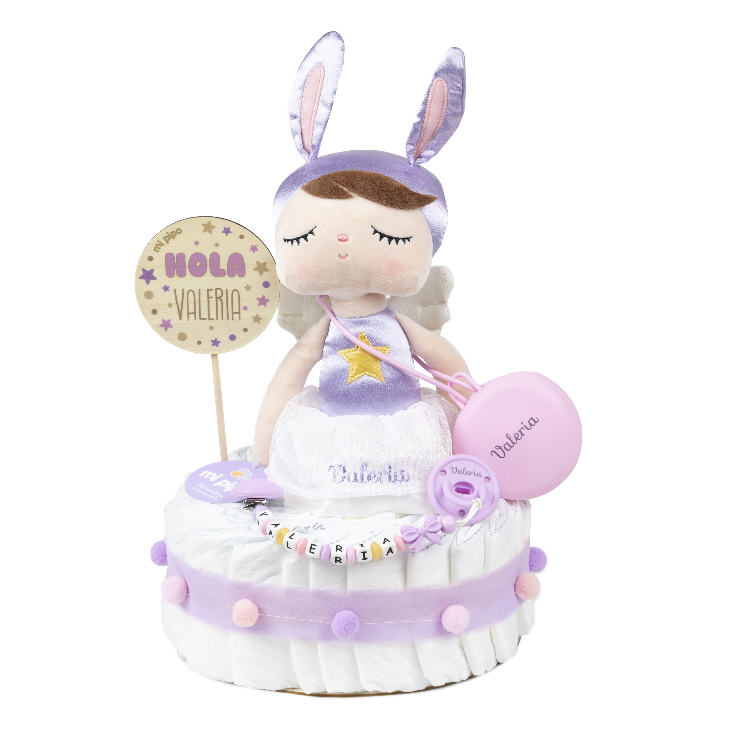Tarta de pañales personalizada Muñeca Angel Lila 1 Tarta de pañales Muñeca Angel Lila