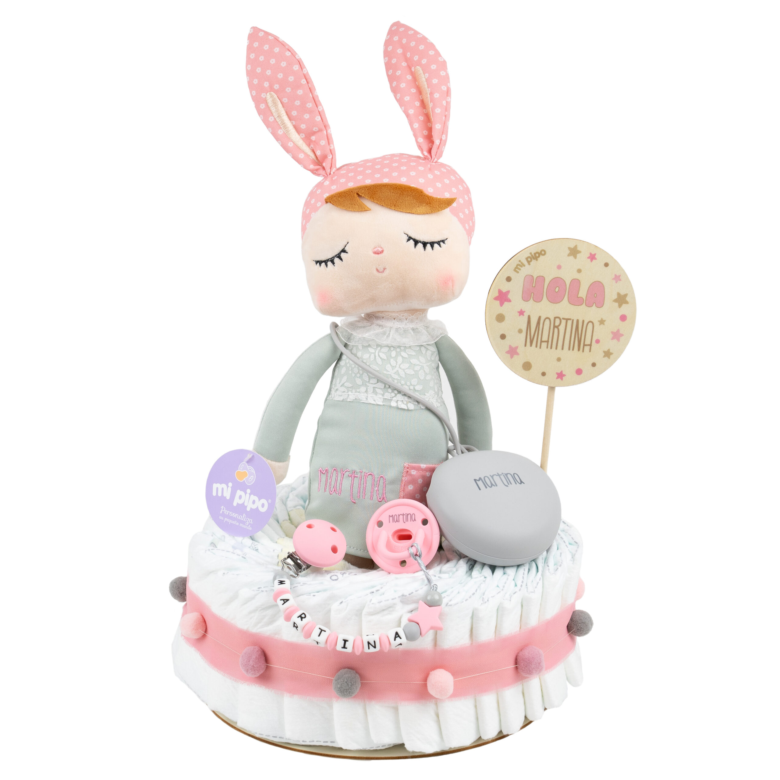 Tarta de pañales personalizada Muñeca Angela Gris 1 Tarta de pañales Muñeca Angela gris