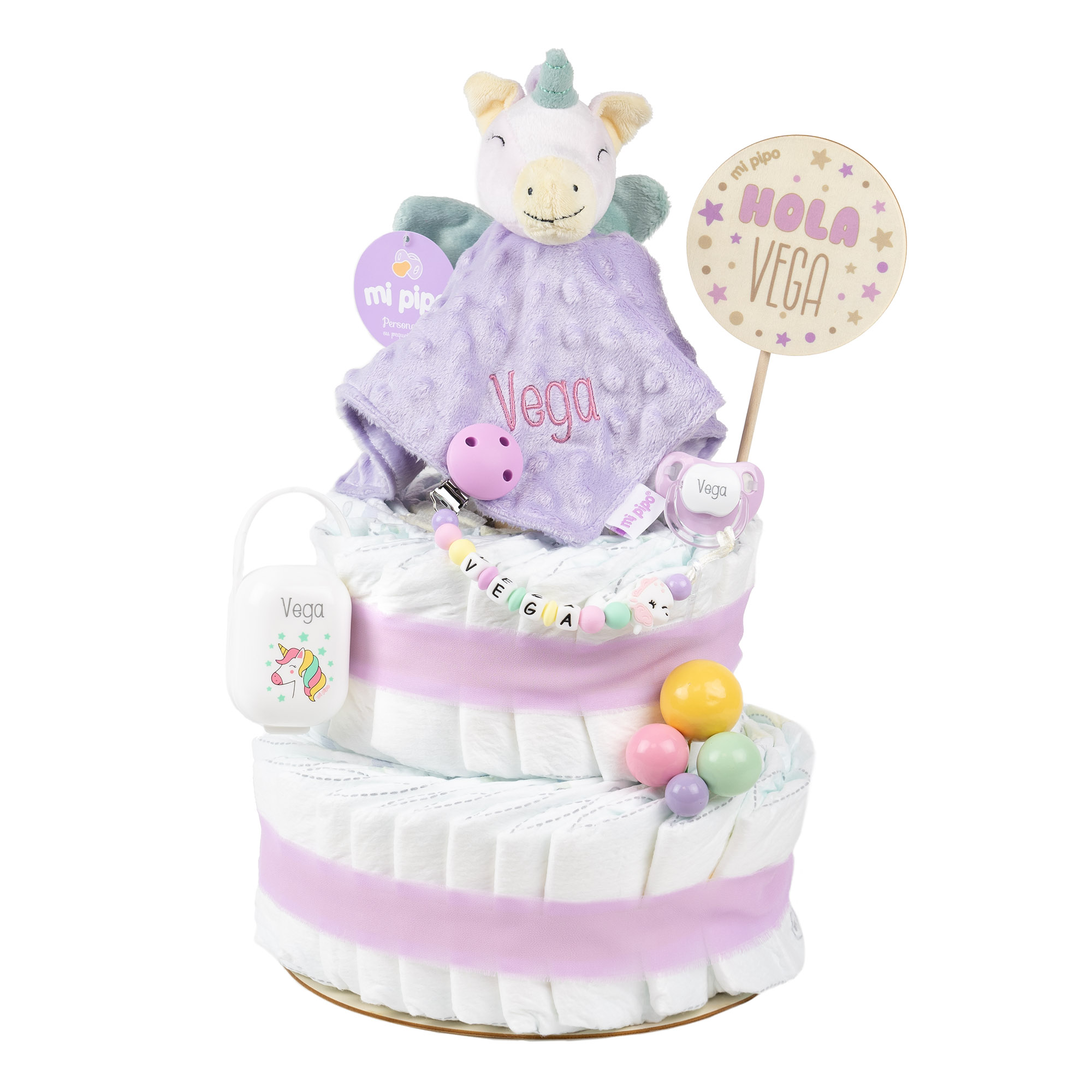 Tarta de pañales personalizada Unicornio Lila 1 Tarta de Pañales Unicornio Lila